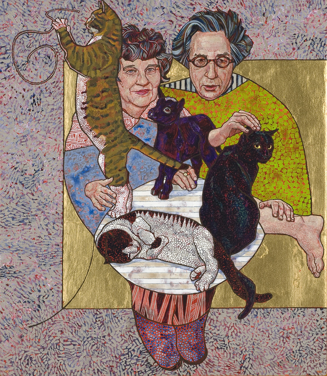 De afbeelding toont een kunstzinnig portret van Maarten Biesheuvel en Eva Biesheuvel-Gütlich met geitje en drie poezen . Gemaakt door: Lia  Laimböck