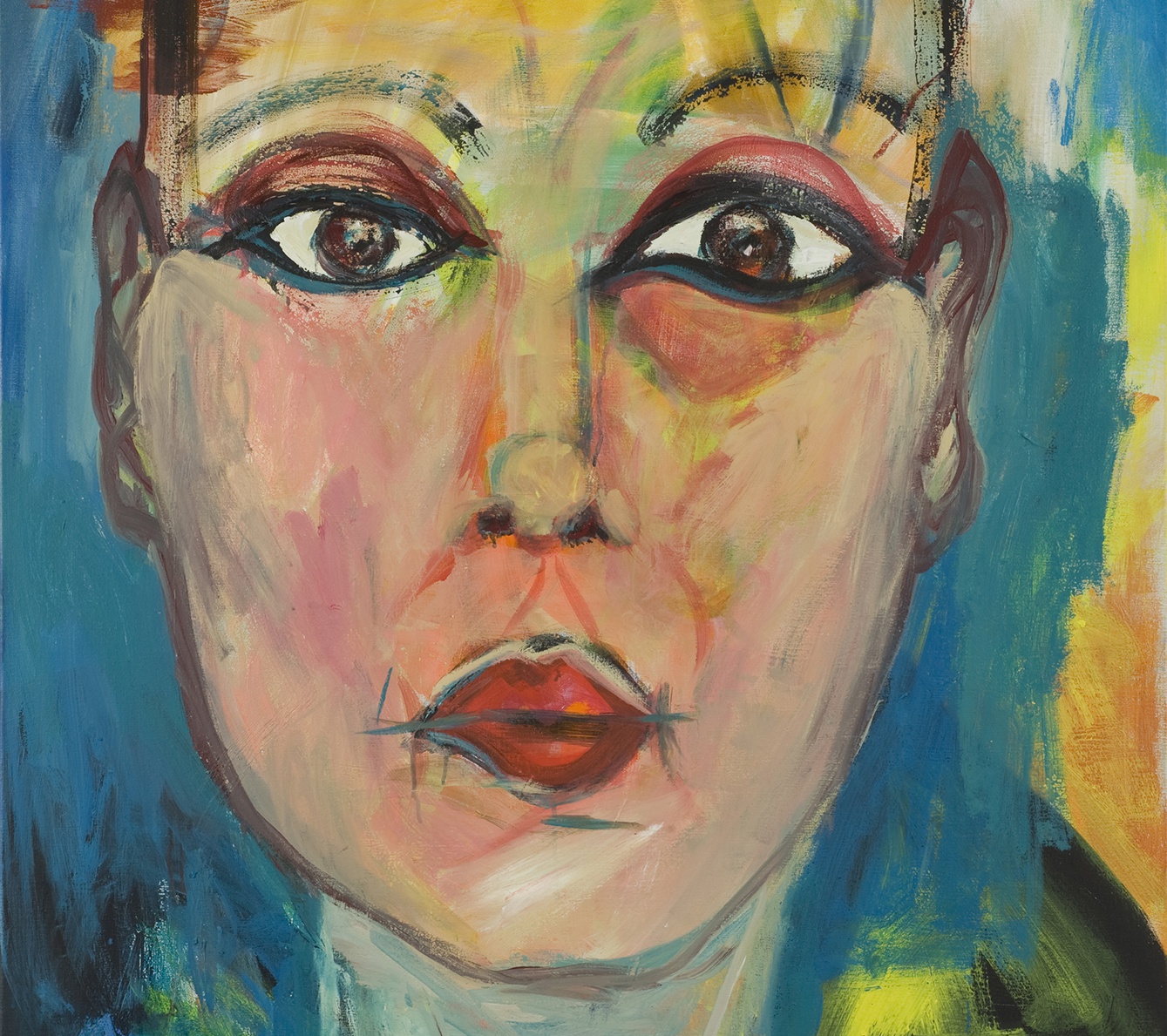 Marion Bloem verwerkt vaak teksten in haar schilderijen. Wat staat er op dit zelfportret?
