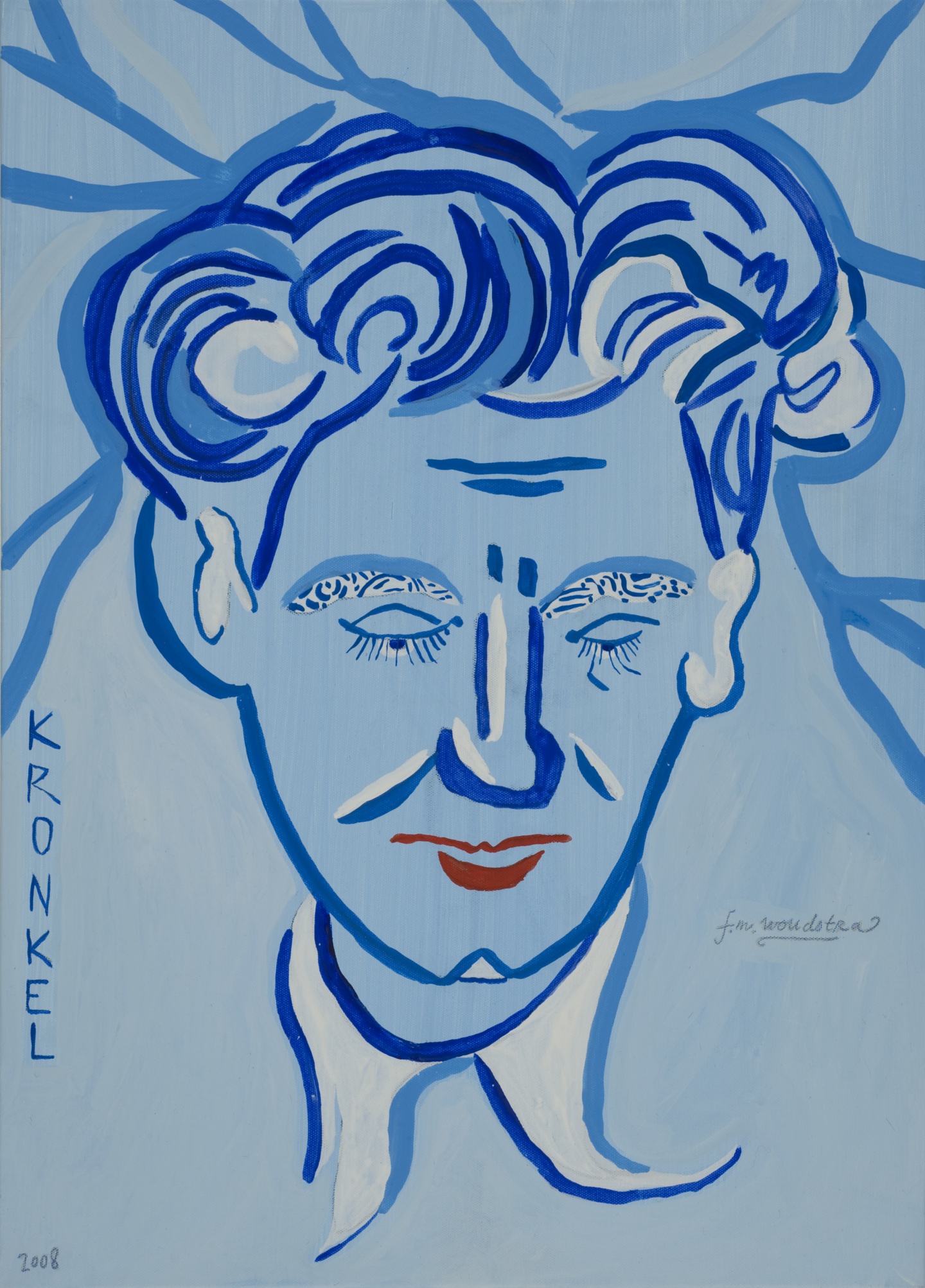 De afbeelding toont een kunstzinnig portret van S. Carmiggelt - Kronkel. Gemaakt door: Frits Woudstra