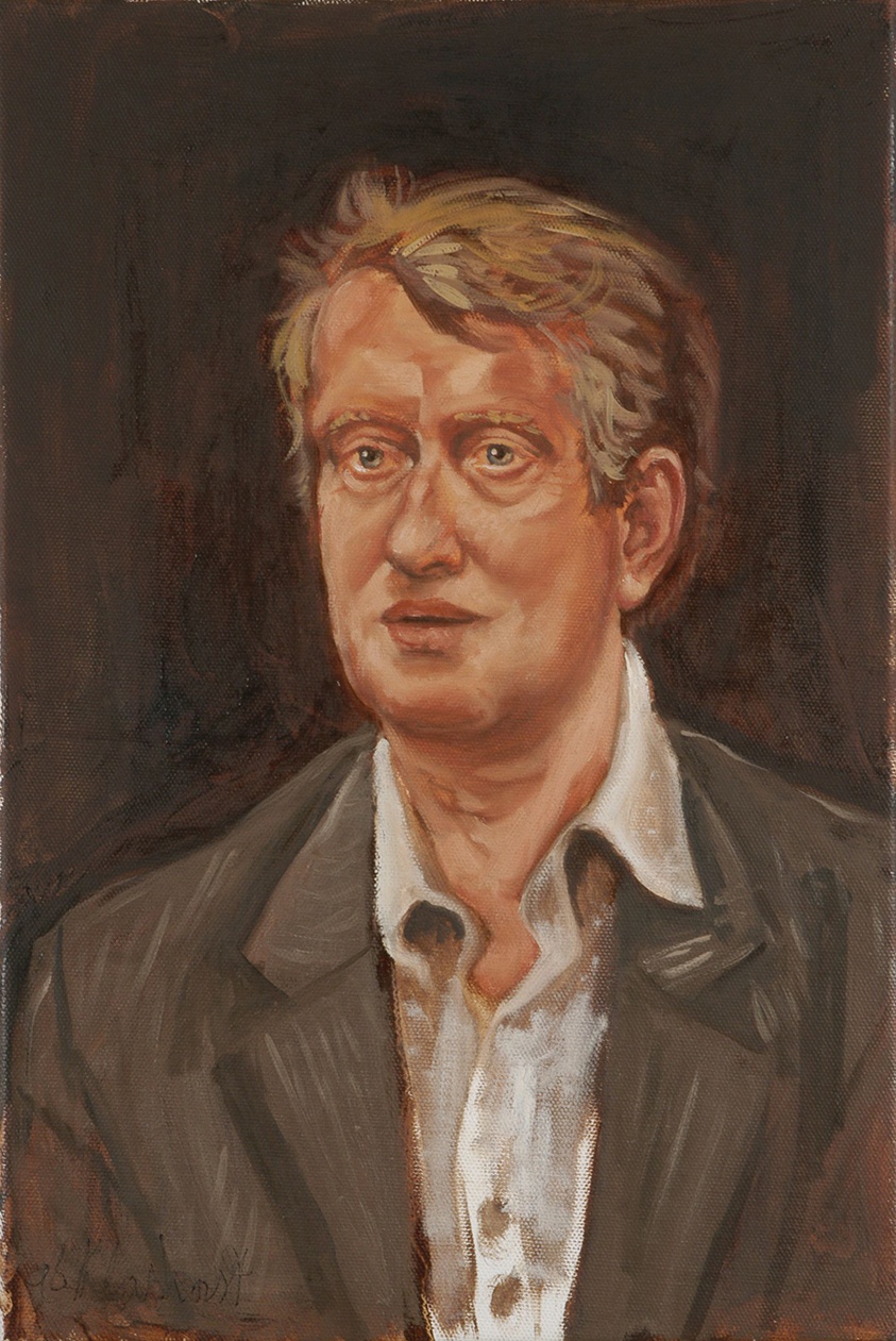 De afbeelding toont een kunstzinnig portret van Gerrit Komrij . Gemaakt door: Peter  Klashorst 