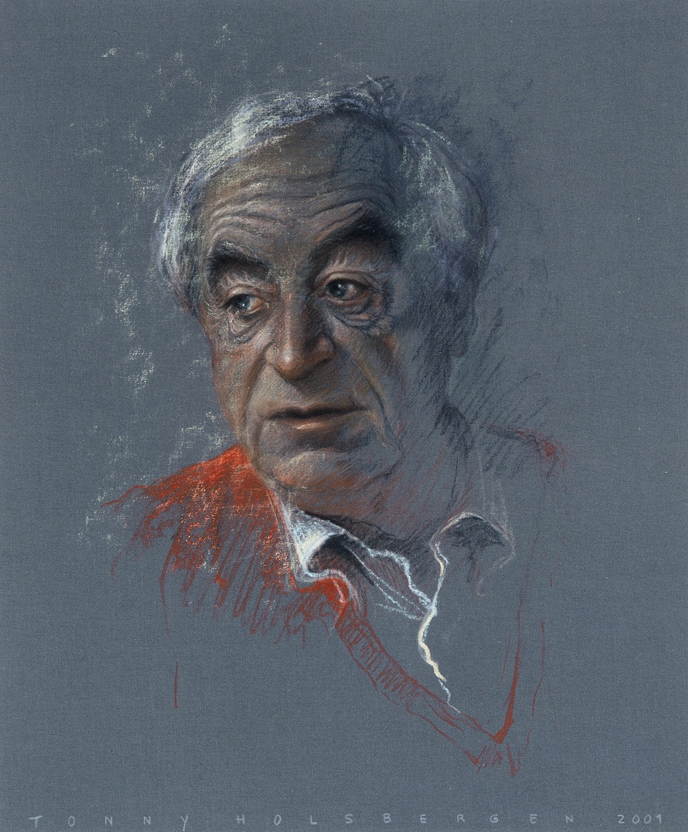 De afbeelding toont een kunstzinnig portret van Cees Nooteboom. Gemaakt door: Tonny Holsbergen