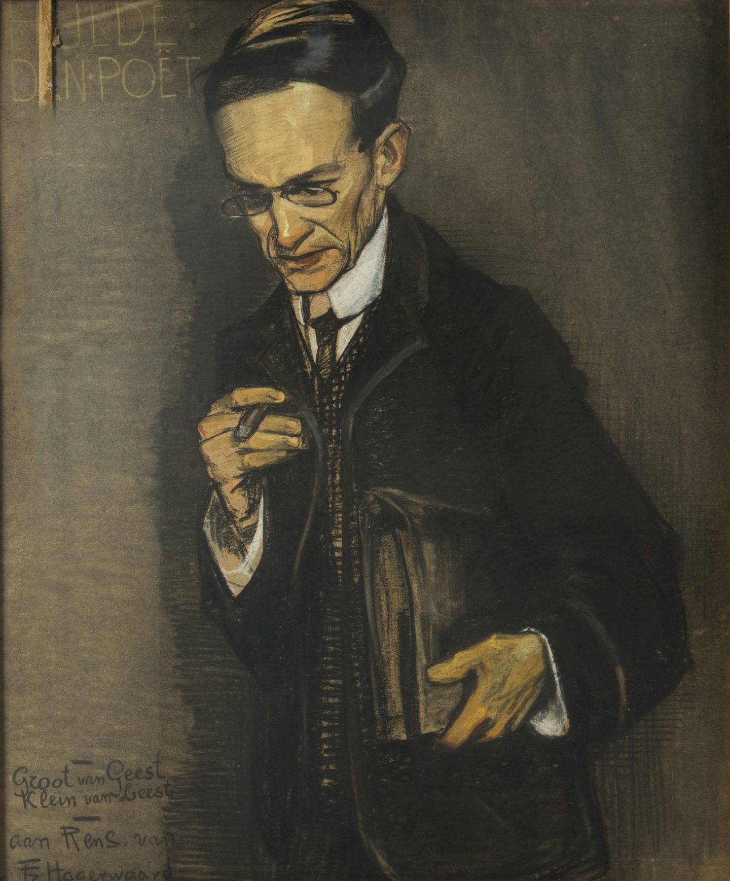 De afbeelding toont een kunstzinnig portret van J.K. Rensburg . Gemaakt door: Frans  Hogerwaard 