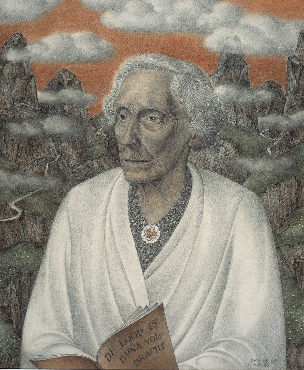 De afbeelding toont een kunstzinnig portret van Henriette Roland Holst-van der Schalk . Gemaakt door: Dick Broos  